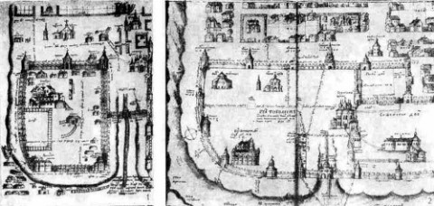 Тобольск. 1 – план центра города; 2 – проект реконструкции Кремля конца XVII в. С.Ремизова