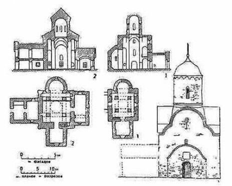 Новгород. 1 — церковь Успения на Волотовом поле, 1352 г.; 2 — церковь Спаса на Ковалеве, 1345 г.