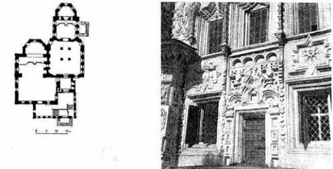 Иркутск. Крестовоздвиженская церковь, 1758—1760 гг. План 1-го этажа, фрагмент фасада