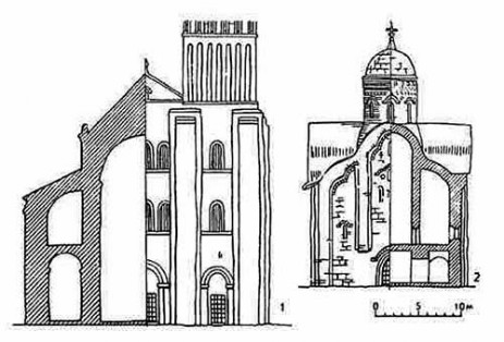 Разрезы и фасады церквей. 1 — в Кане (Франция); 2 — в Новгороде