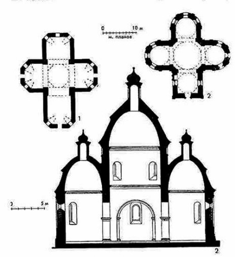 1 — Киев, церковь Николая Притиска на Подоле, 1631 г.; 2 — Низкиничи (Волынской обл.), Покровская церковь, 1653 г.